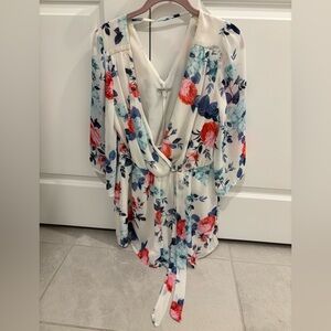 Charlotte Russe Floral Wrap Blouse - White with Red and Blue